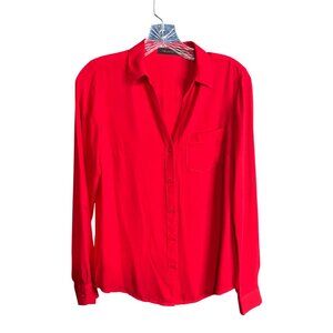 The Limited XS Womens Red Button-Up Blouse Roll-Tab Sleeves
